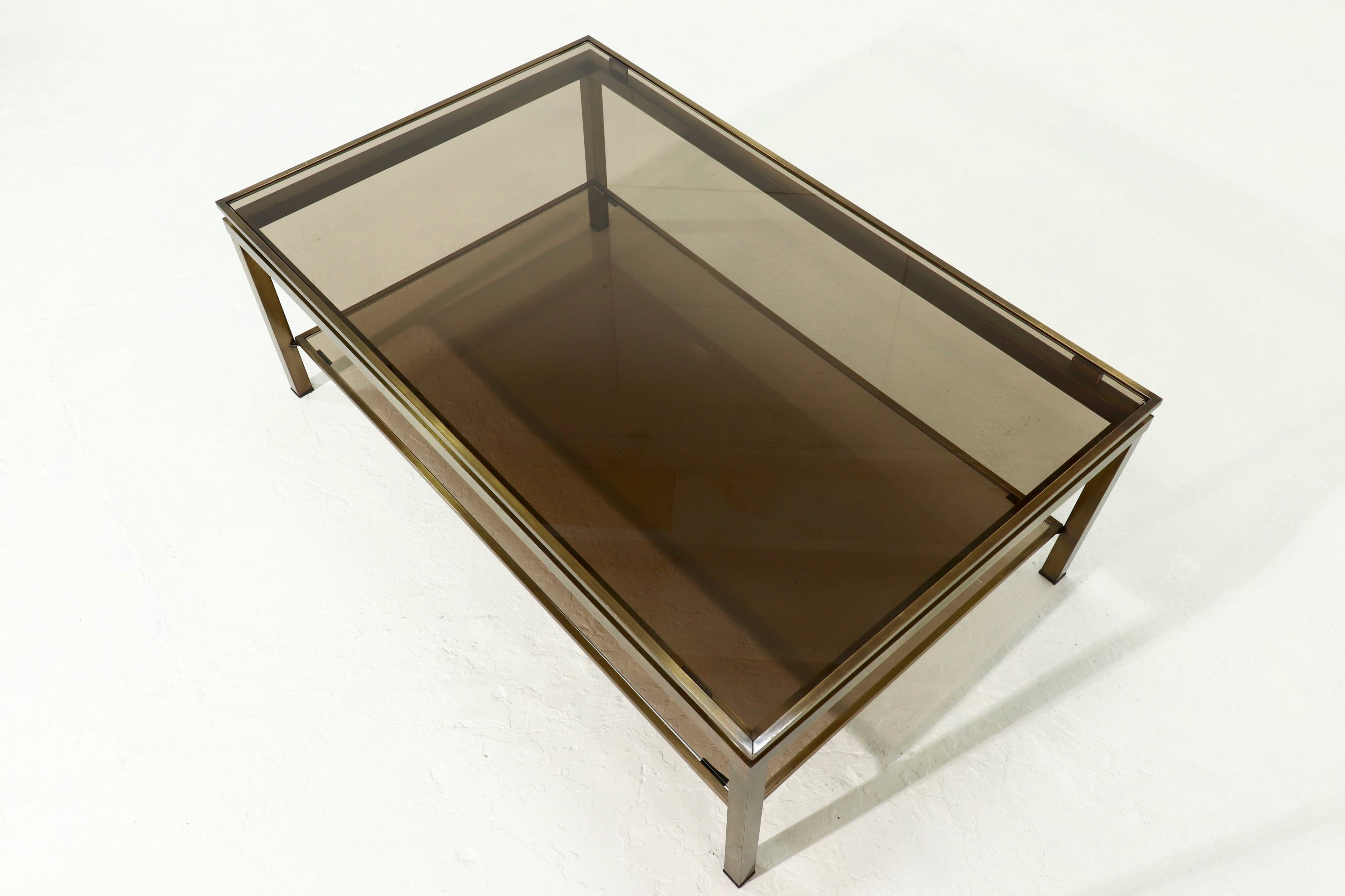 Two Tier Brass and Smoked Glass Coffee Table 1970s