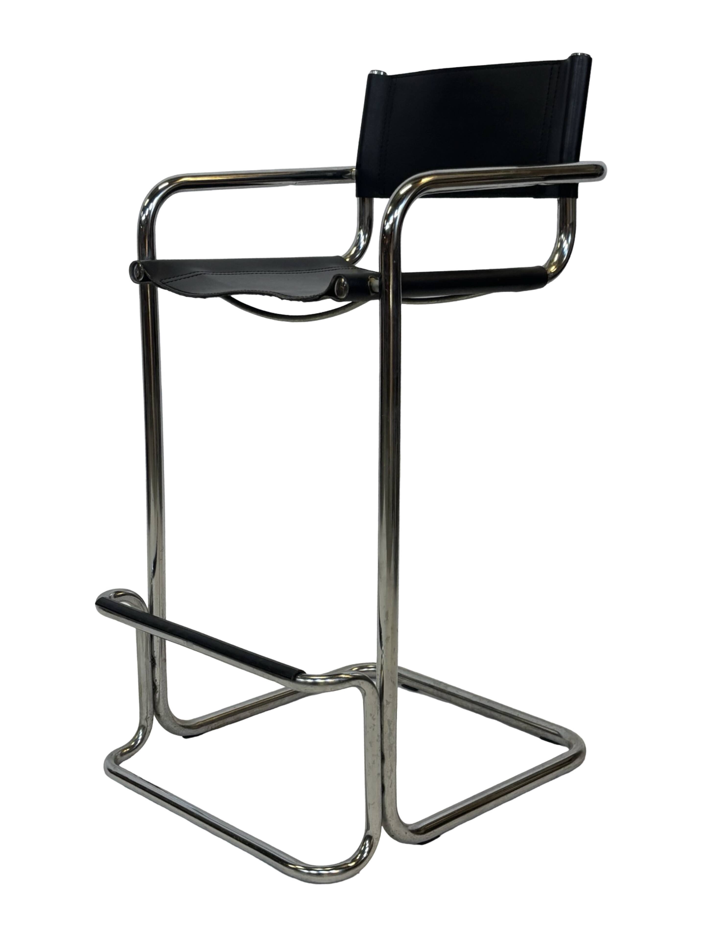 Tabouret de bar vintage en cuir noir et chrome, Italie