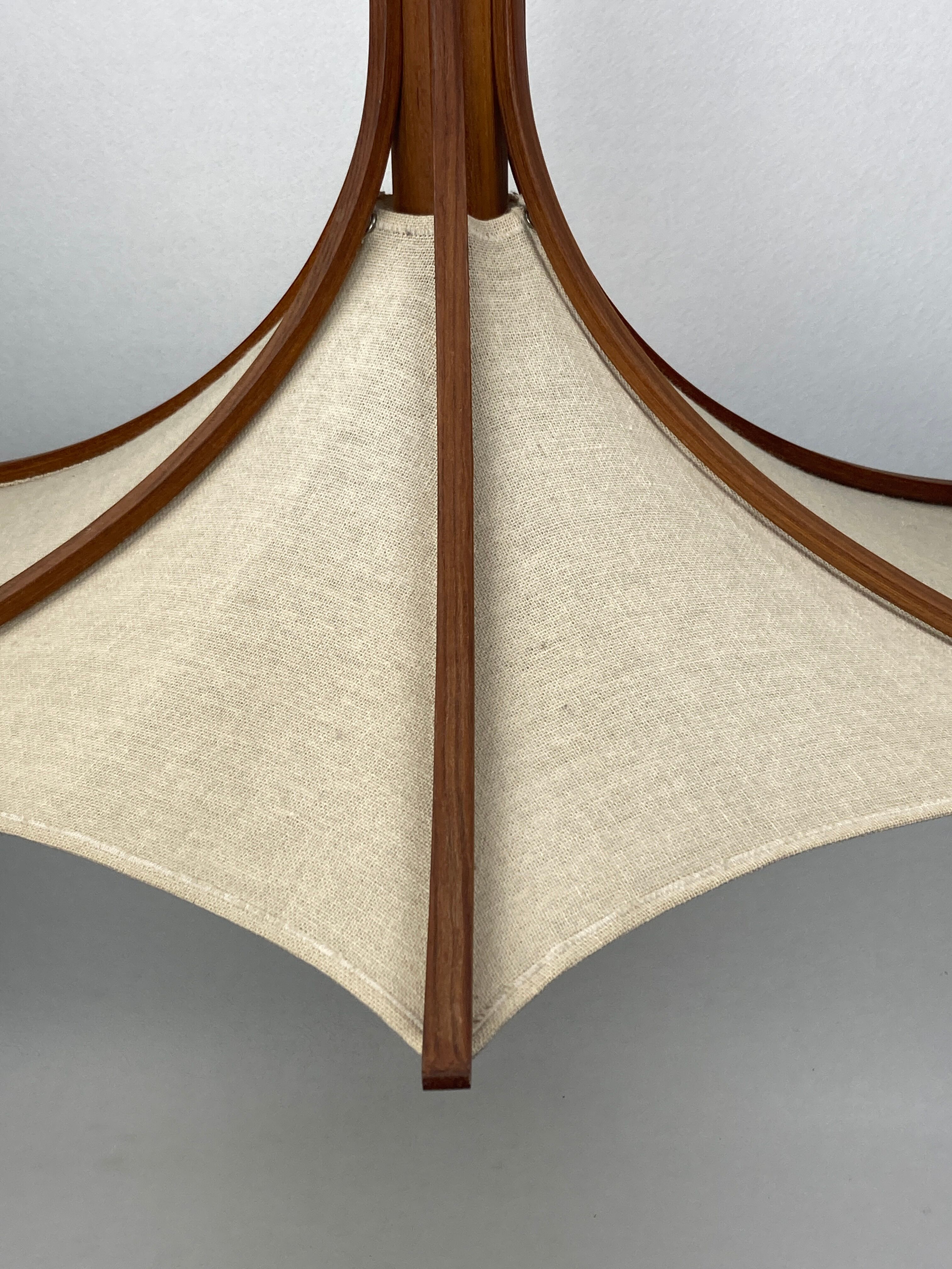 Teak and linen umbrella pendant by Domus, 1970s
