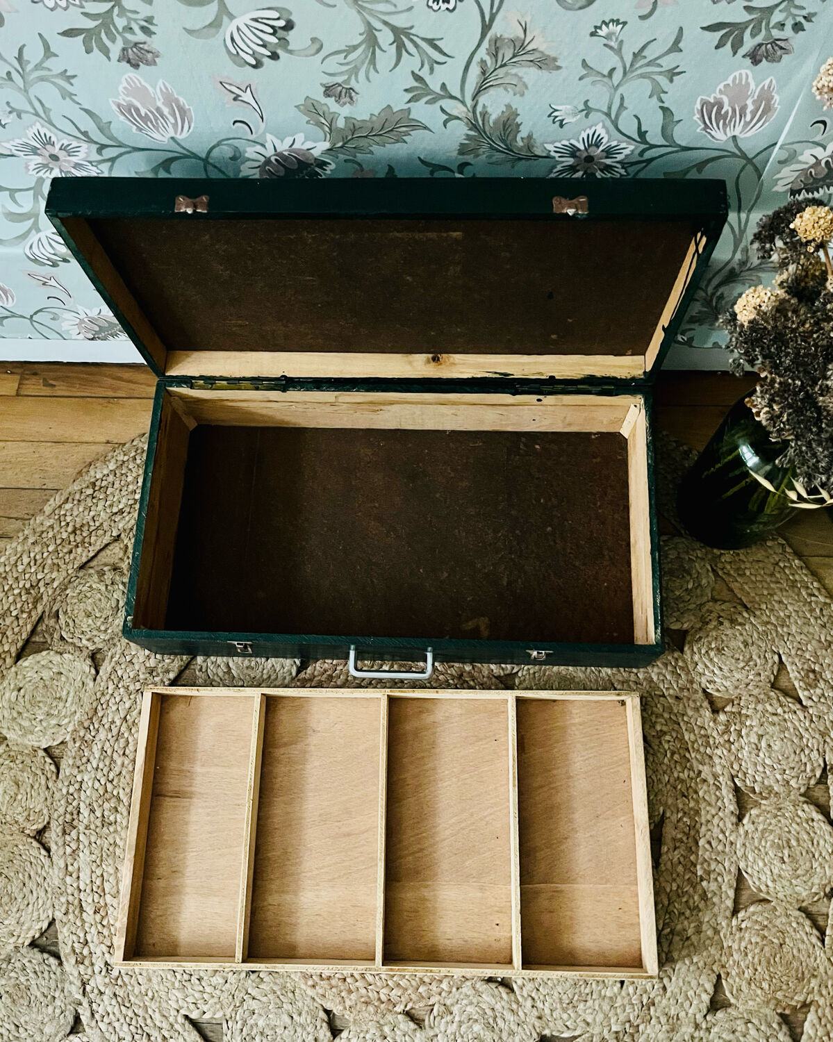 Vintage painter's chest in dark green wood