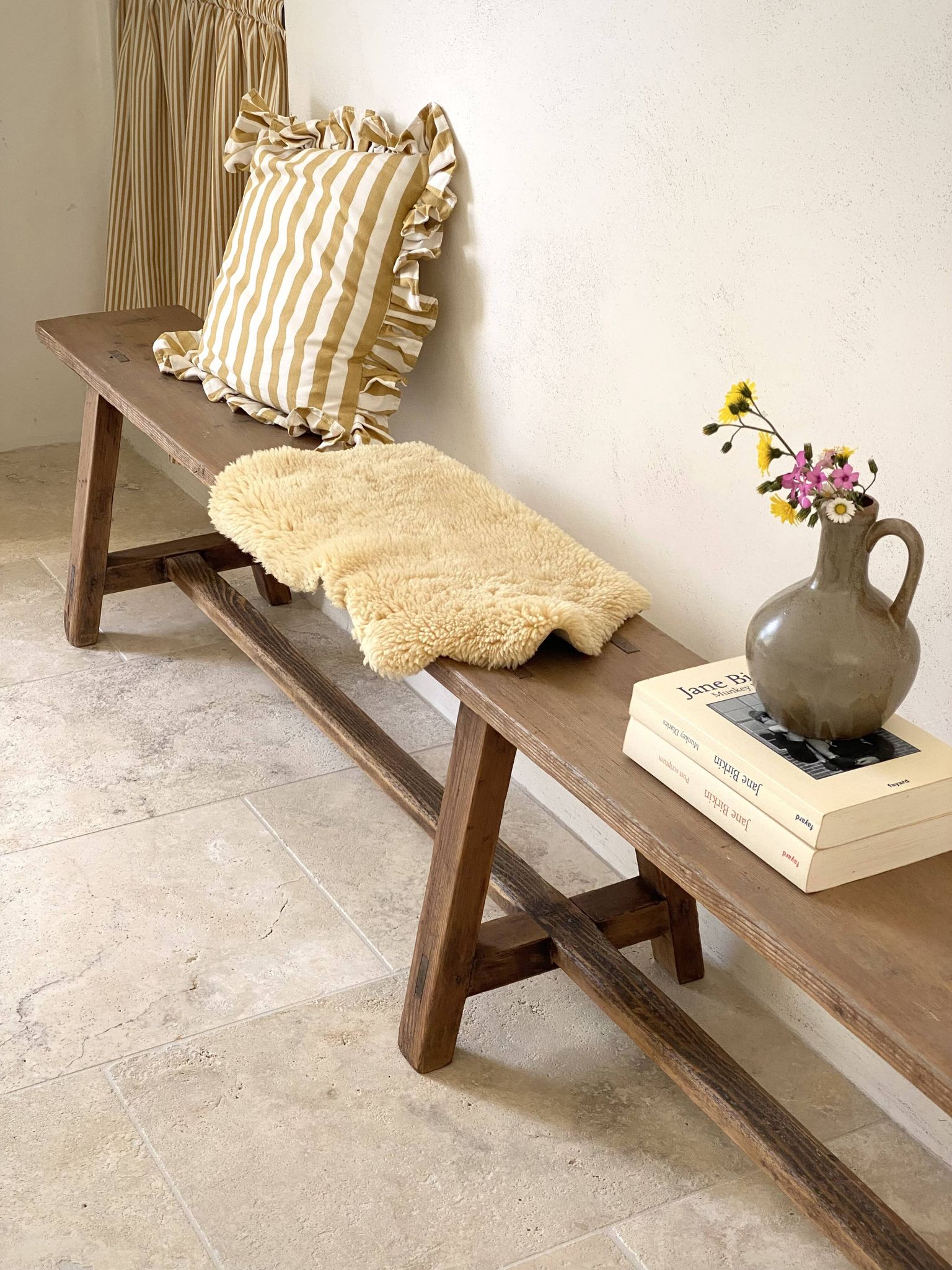 Large antique farmhouse bench 252 cm raw wood patinated