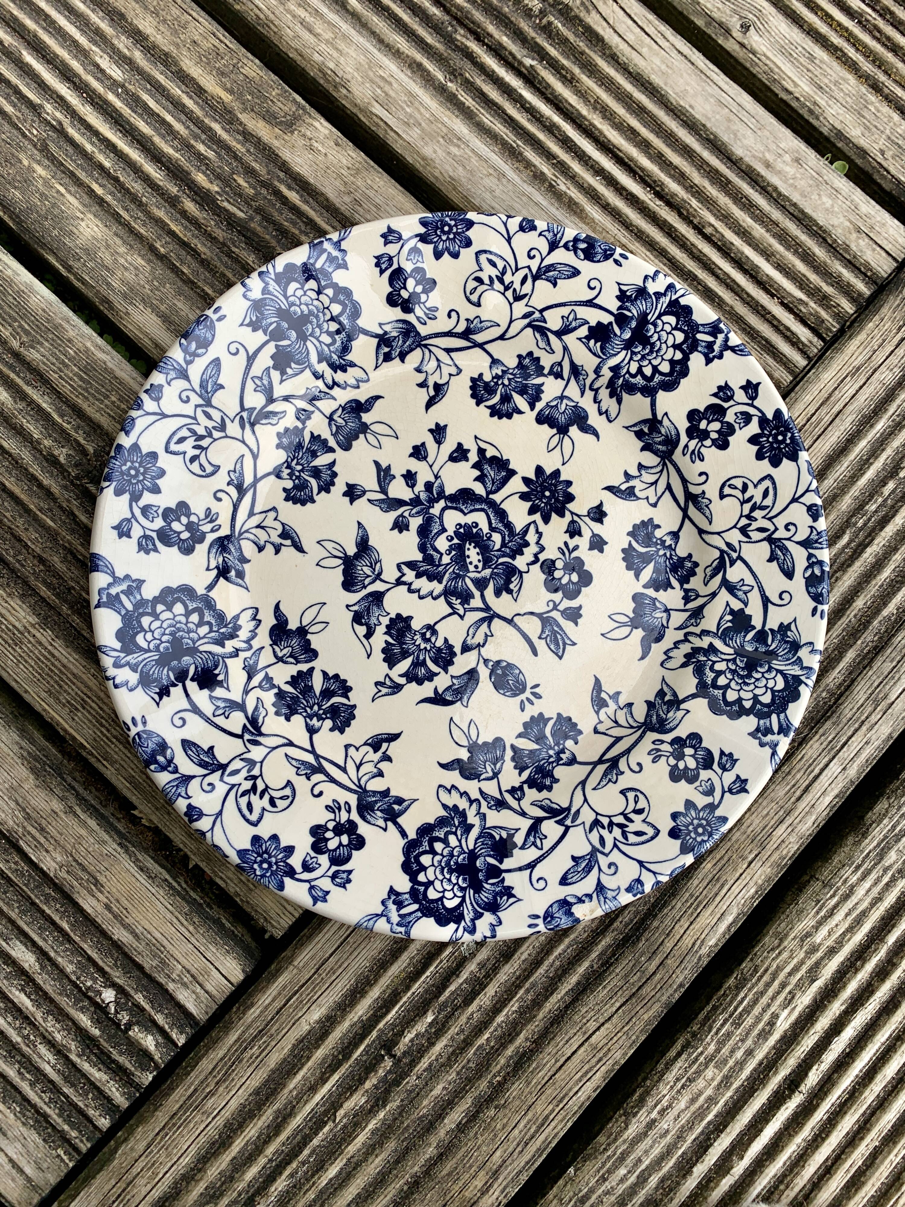5 vintage plates with blue flowers