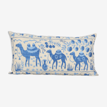 Vintage Long Animal Suzani Pillow Cover, Camel Pattern Tribal Cushion Cover 1960s Handmade Samarkand