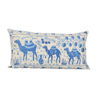 Vintage Long Animal Suzani Pillow Cover, Camel Pattern Tribal Cushion Cover 1960s Handmade Samarkand