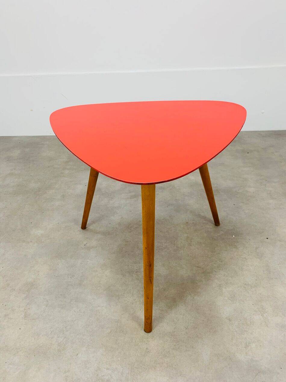 Steiner tripod side table by Baumann, wood, red top, 60s