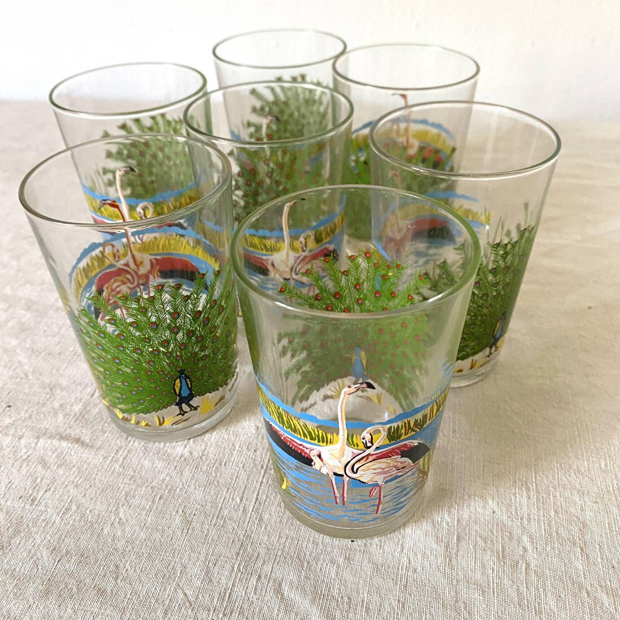 Verres à eau vintage décorés , flamand rose et paon