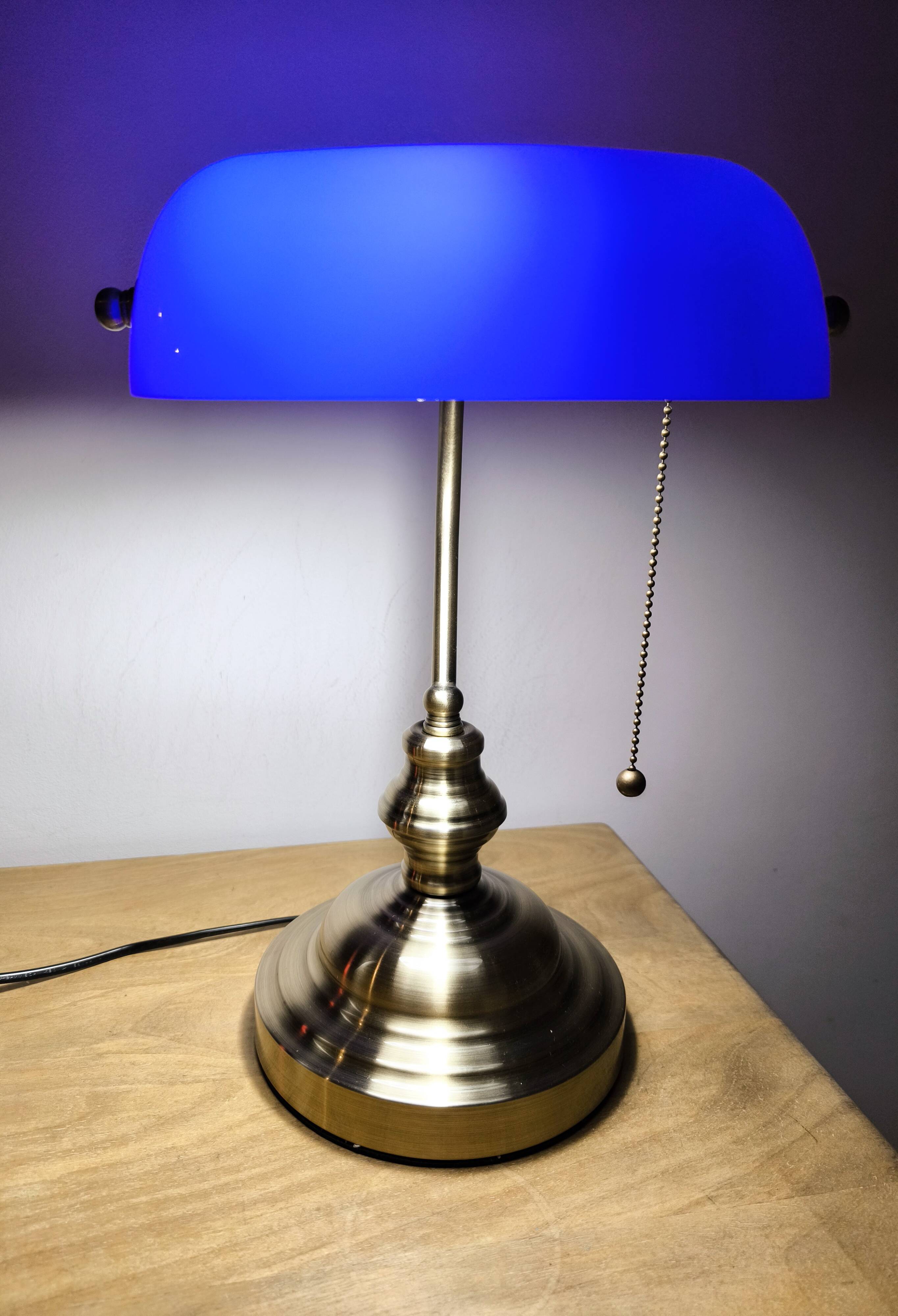 Lampe de banquier vintage en cristal bleu années 80