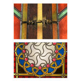 Screened windows with colored stained glass windows