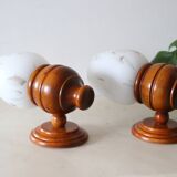 Pair of beech and opaline wall lamps, vintage
