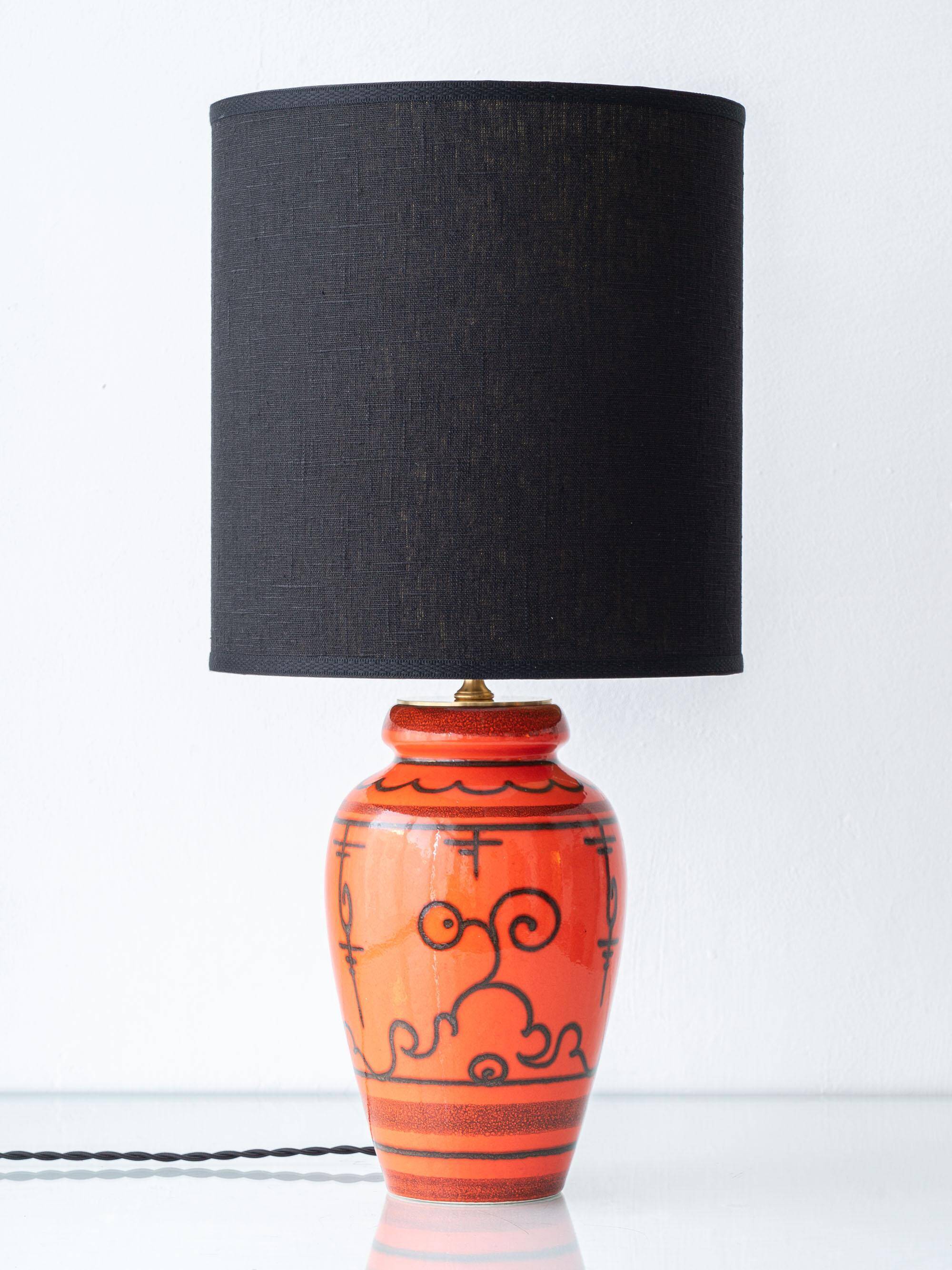 Ceramic table lamp Dutch Orange Gouda “Tokio”, 1970s, black linen shade