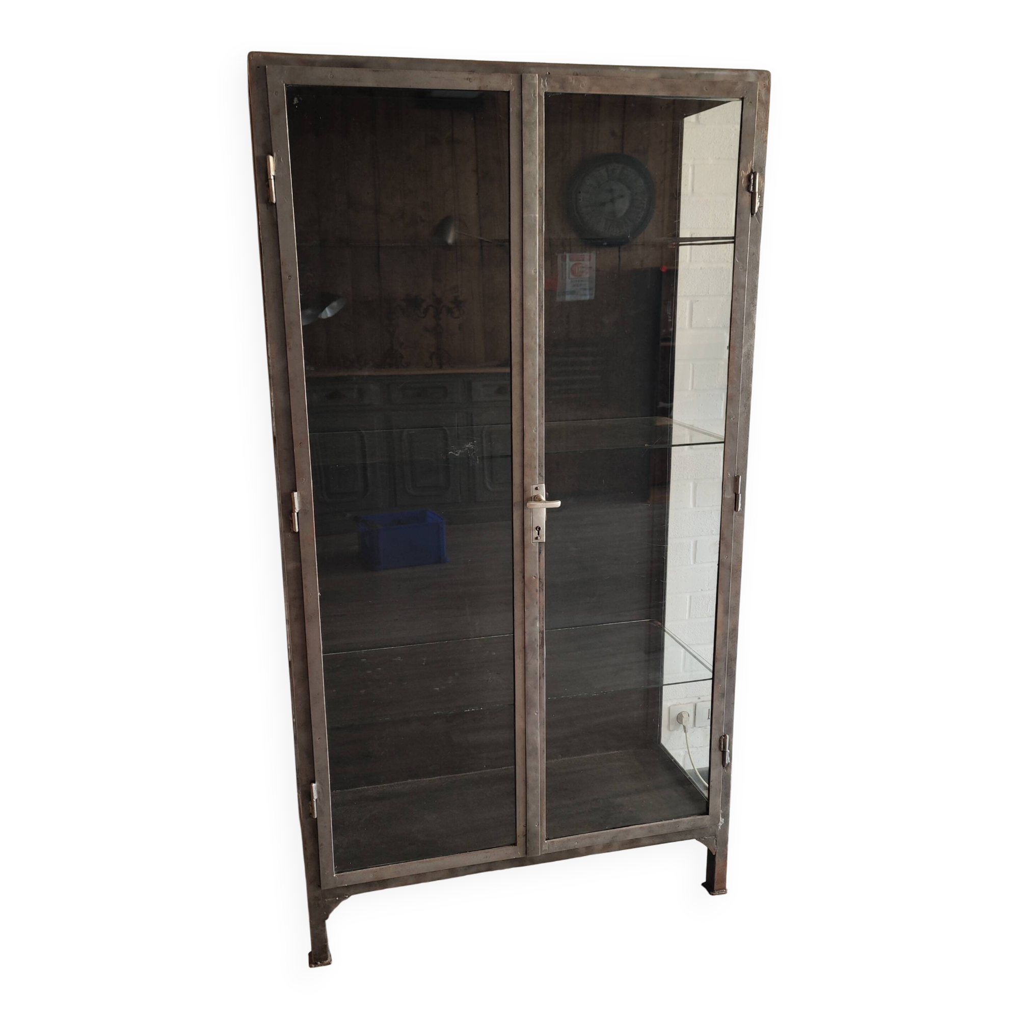 Vintage two-door metal medical display case