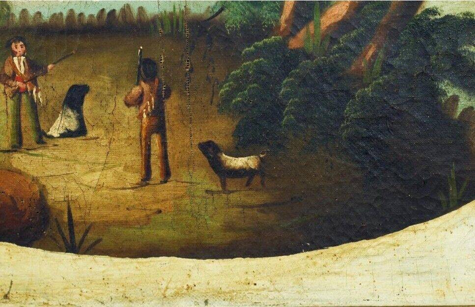 Peinture à l'huile ancienne Paysage avec bord de rivière animé, Italie 19ème siècle.