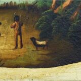 Peinture à l'huile ancienne Paysage avec bord de rivière animé, Italie 19ème siècle.