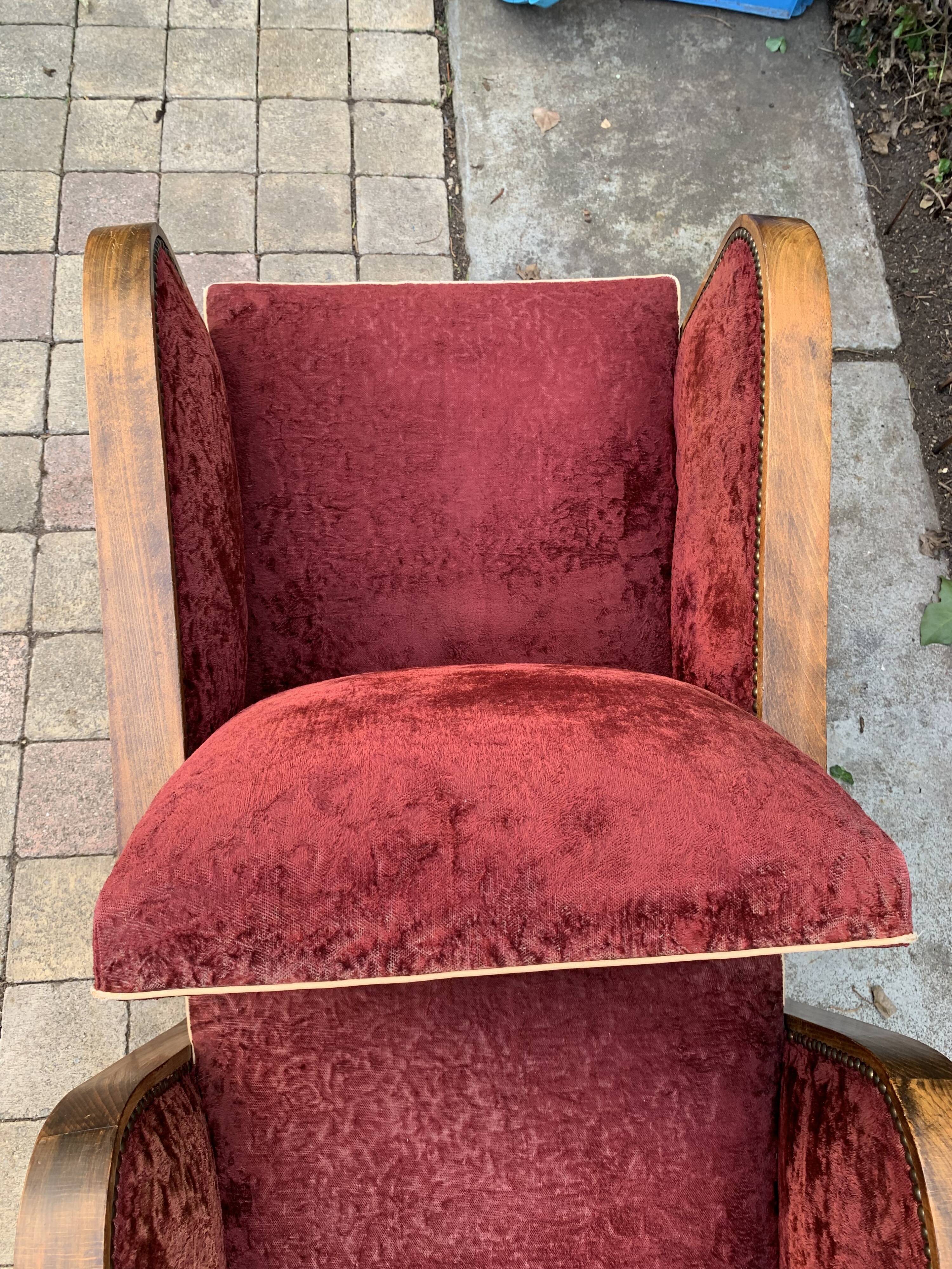 Pair of Art Deco club armchairs in burgundy red velvet, 1930s