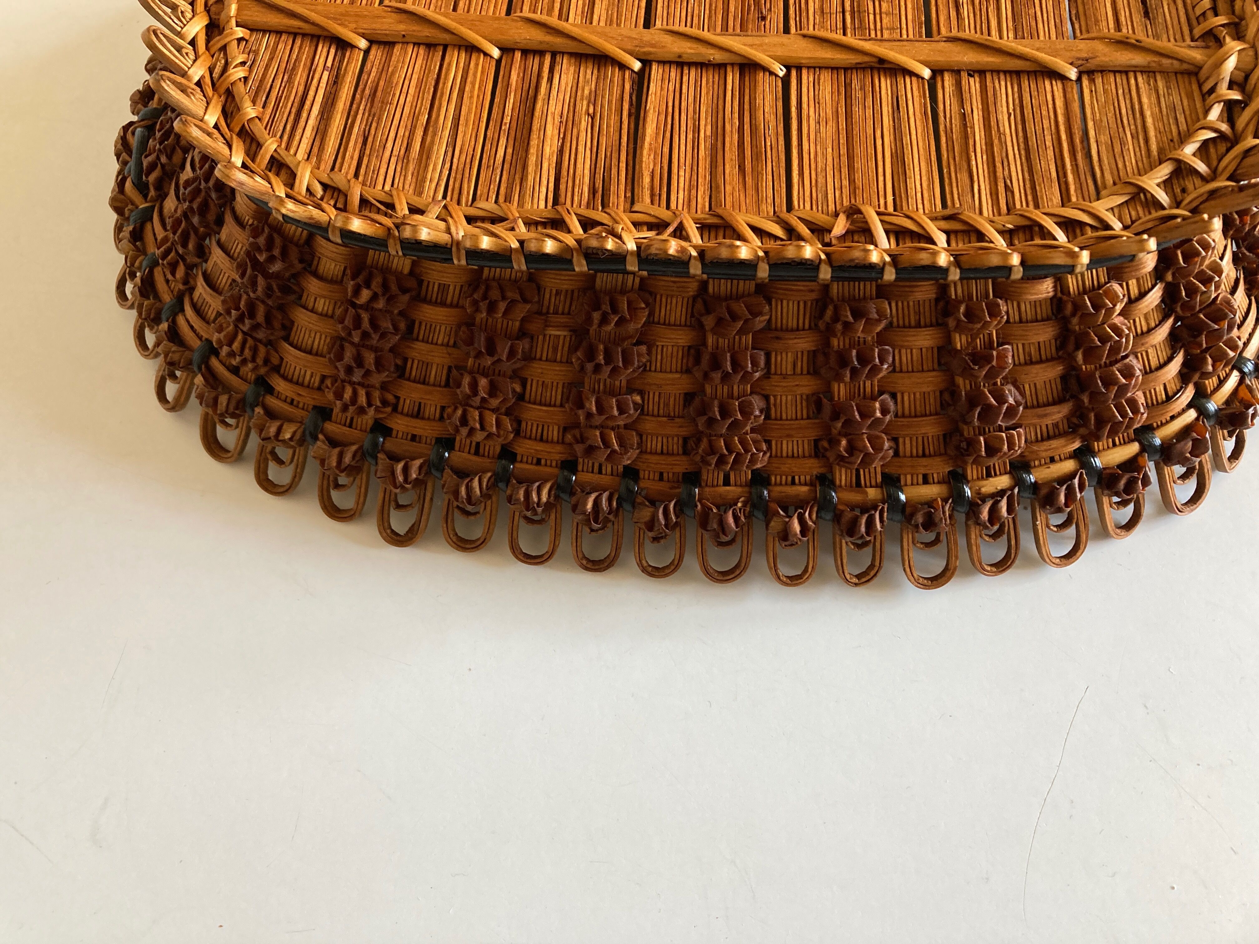 19th-century wicker basket embroidered by folk artisans.
