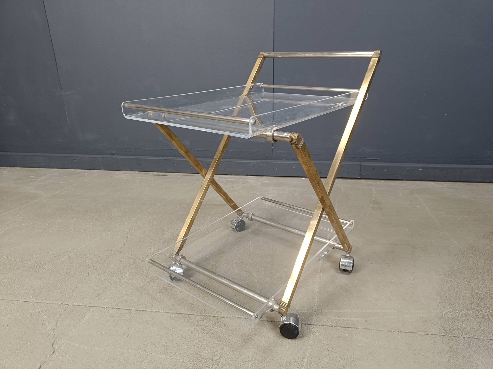Vintage lucite and brass trolley, 1970s