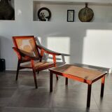 Pair of armchairs in red teak and cannage