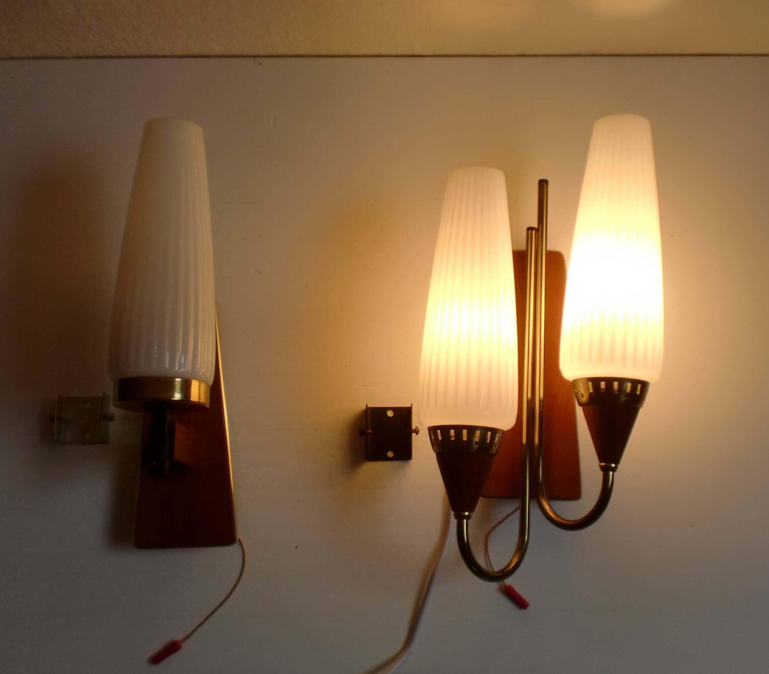 2x Danish Design 50s 60s Wall Lamps, Teak & Brass Sconces