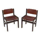 2 Chaises de salle à manger brutalistes en bois et cuir