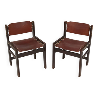 Brutalist leather wood rope dining chair, set of 2