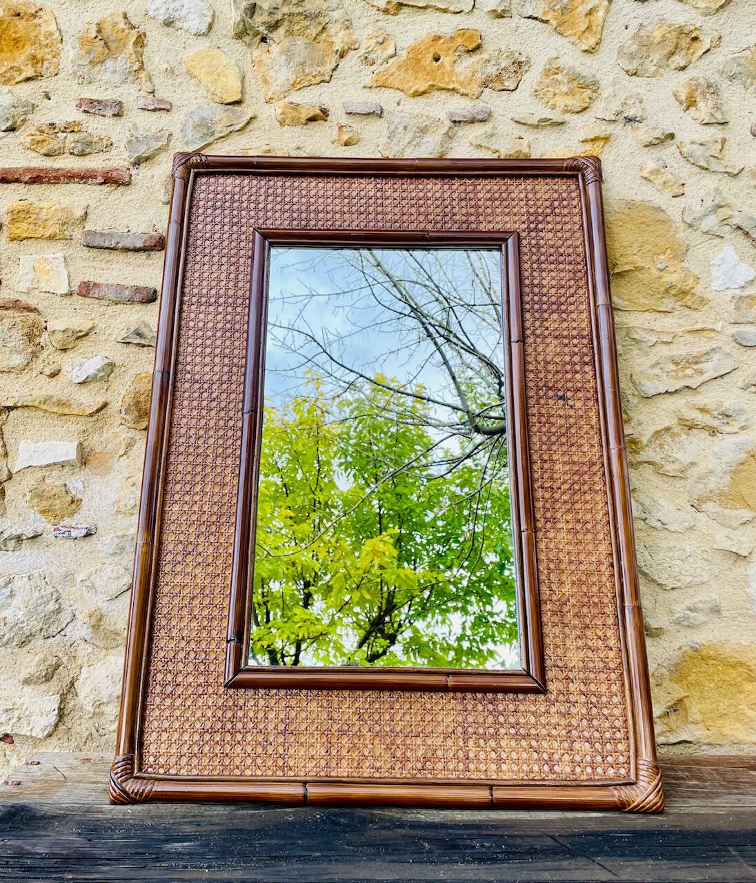 Vintage mirror, bamboo, caning and rattan, circa 1960s