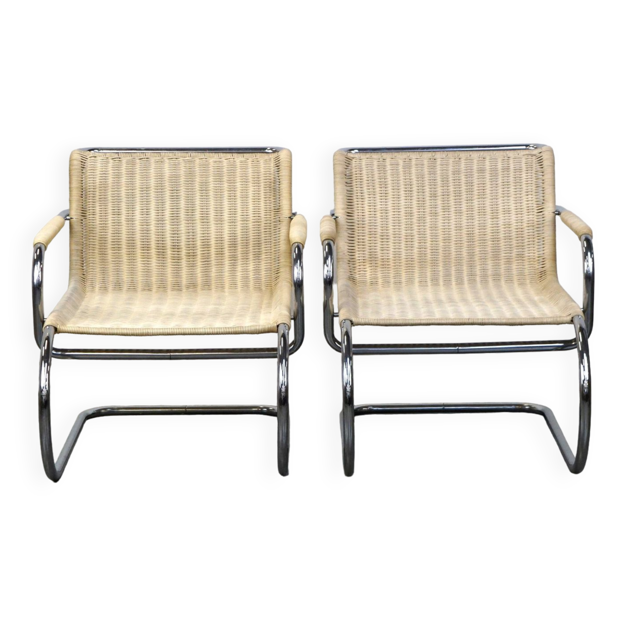 Set of two vintage design chairs by Franco Albini for Tecta, chrome and rattan