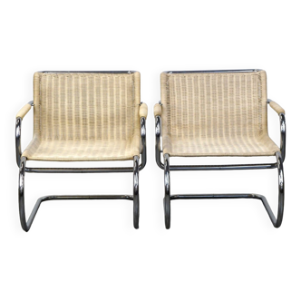 Ensemble de deux chaises design vintage de Franco Albini pour Tecta, chrome et rotin