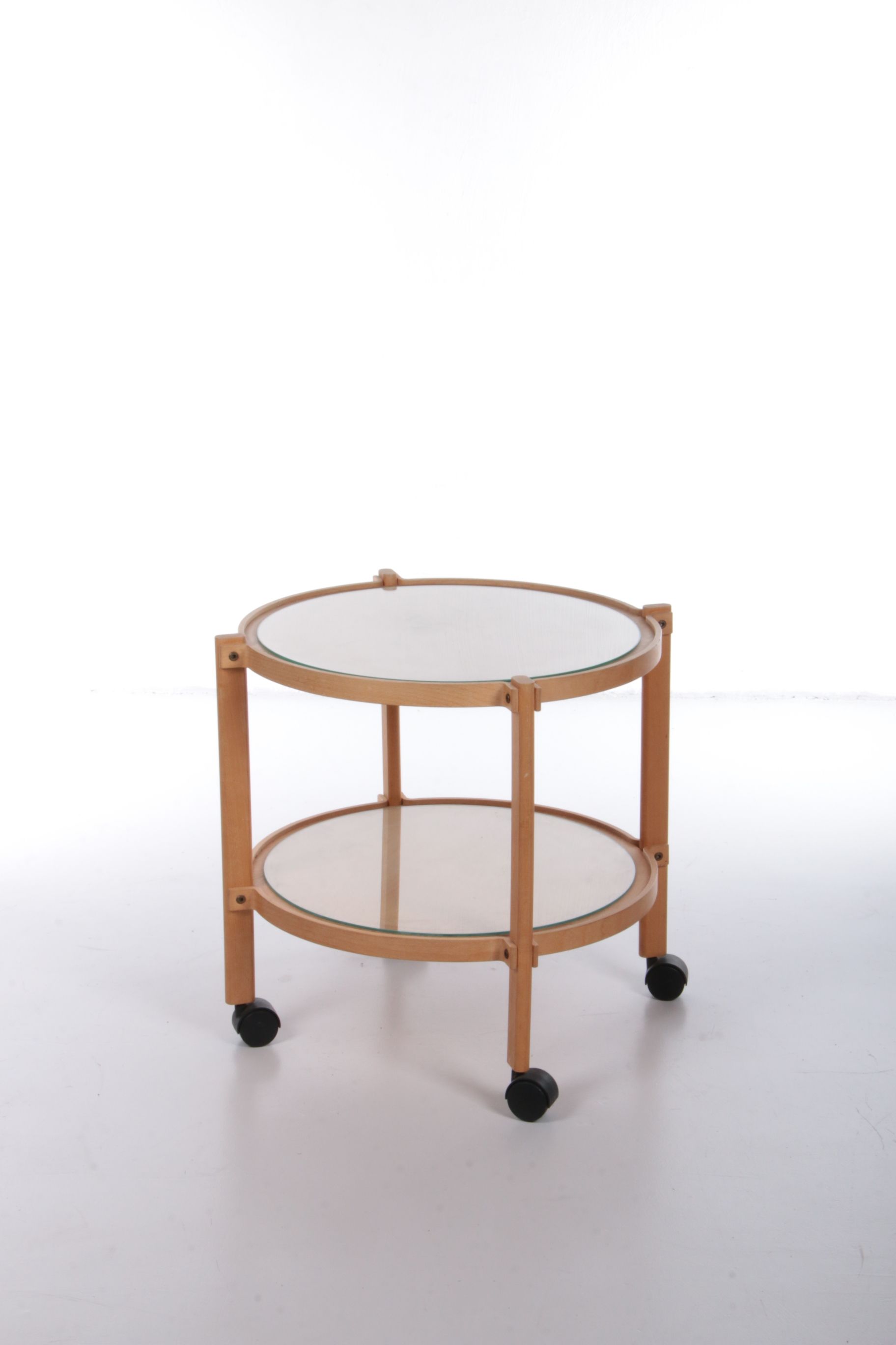 Scandinavian wooden trolley with glass plates and wheels 1970