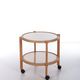 Scandinavian wooden trolley with glass plates and wheels 1970