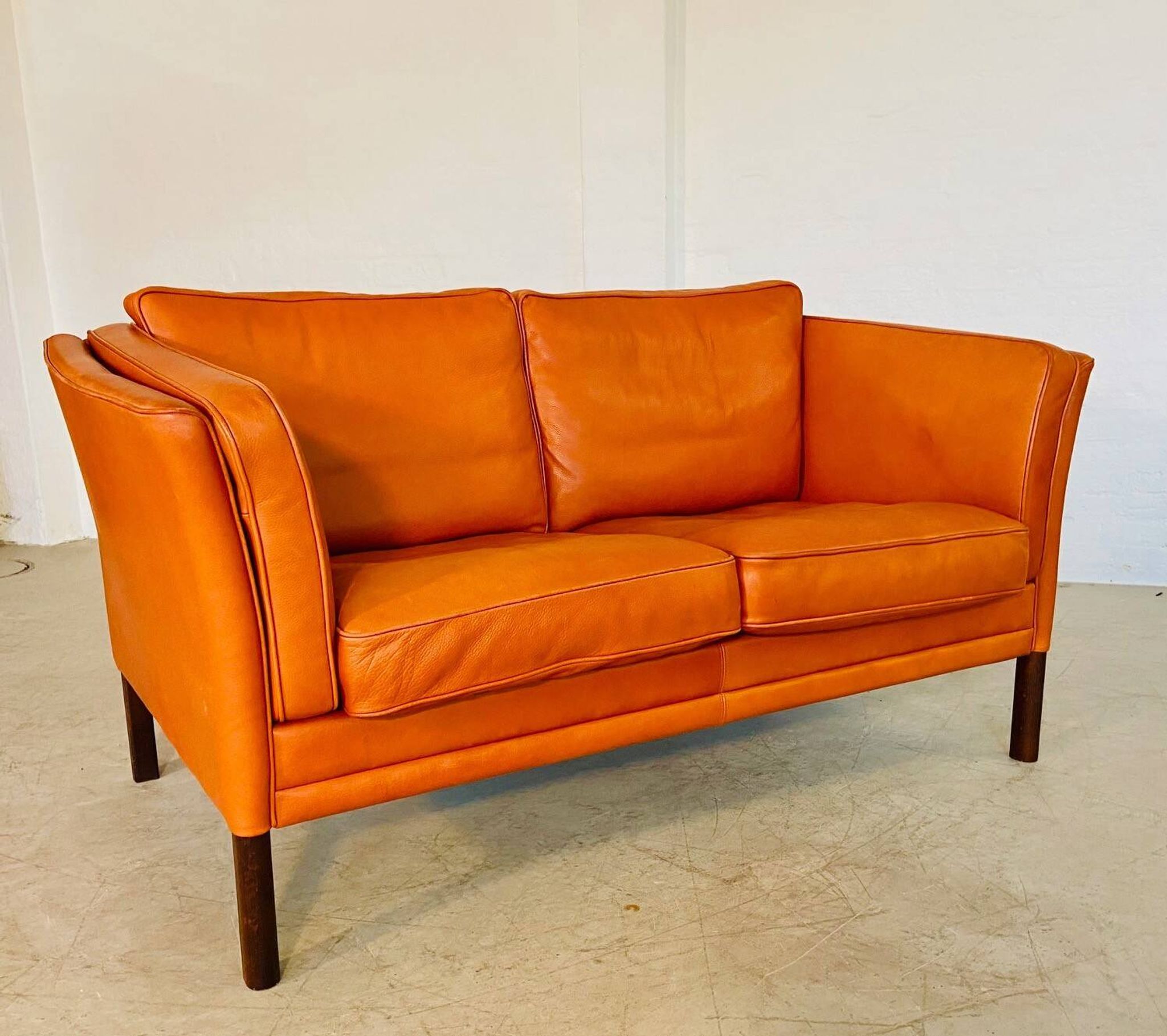 Vintage retro Danish Mogens Hansen 2 person cognac leather sofa