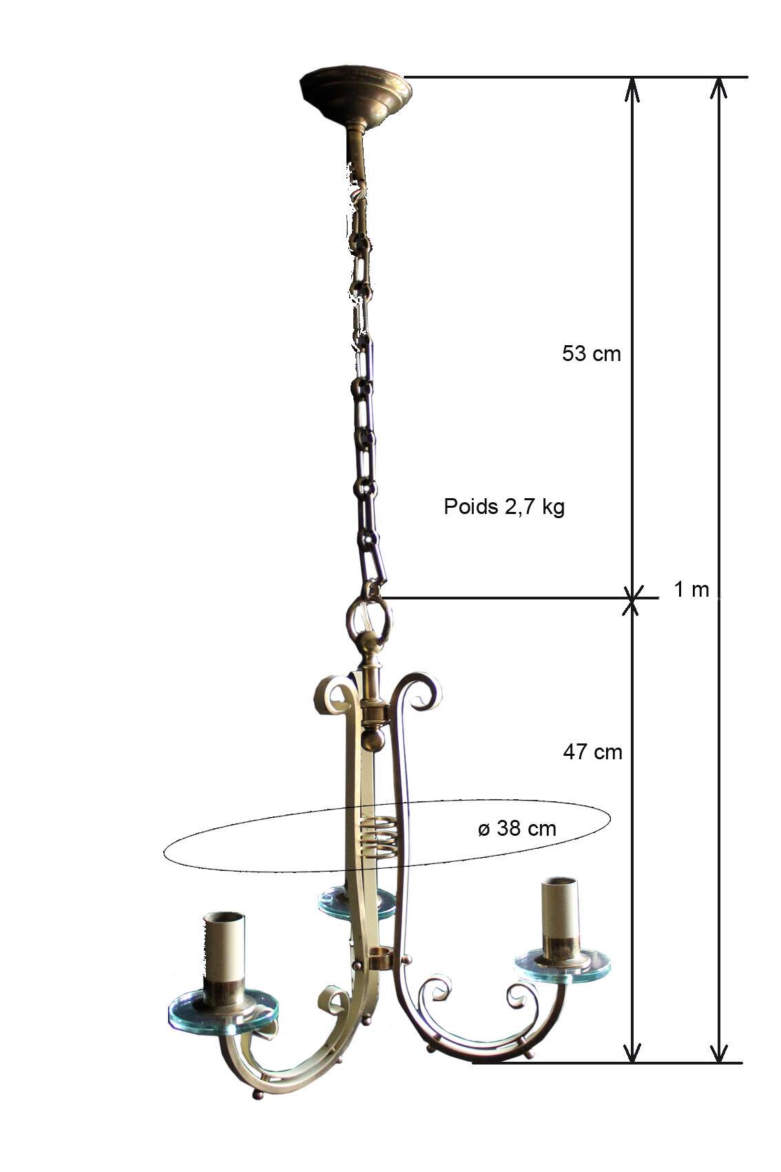 Art Deco three-light chandelier in brass and glass, 1930s
