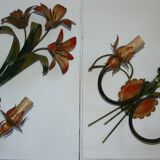 Pair of vintage floral wall sconces in Italian Florentine style metal.