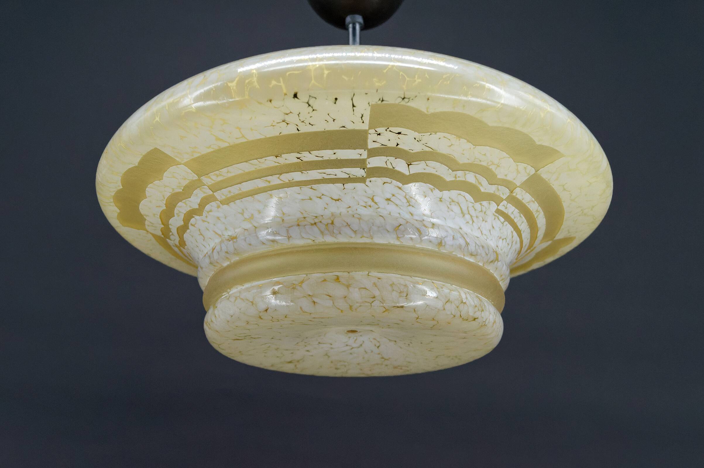 Modernist Art Deco pendant light in acid-etched “cloud” glass, France, Circa 1930