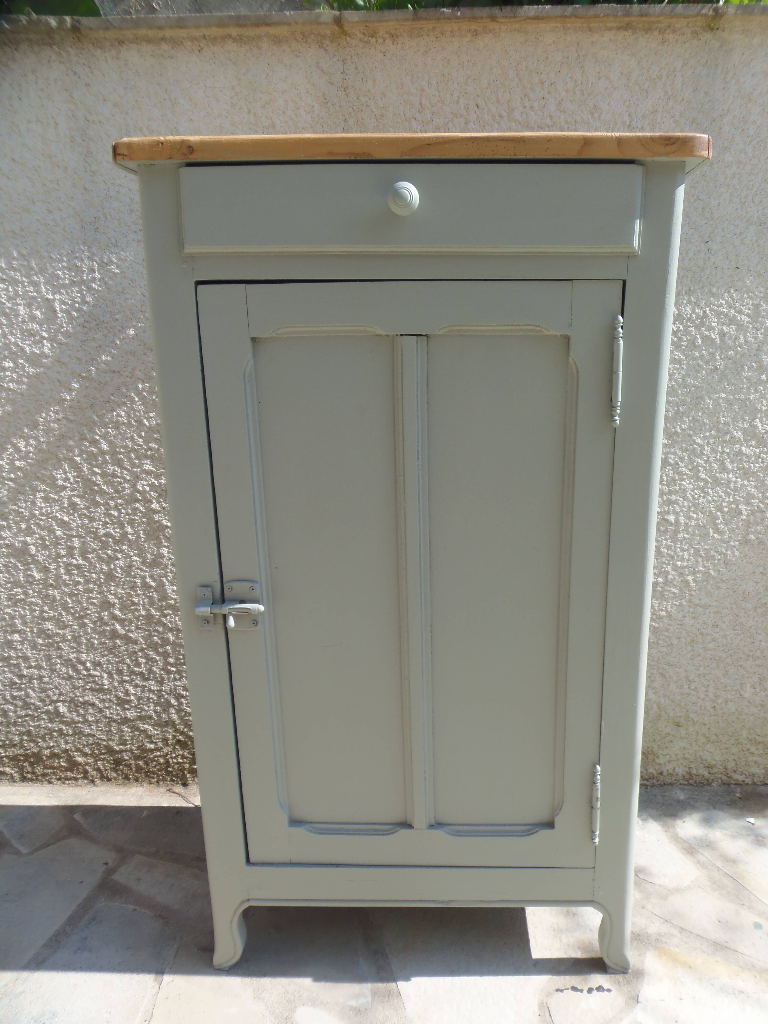 Vintage Parisian cupboard with 1 door, 1 drawer, reimagined in grey-green.