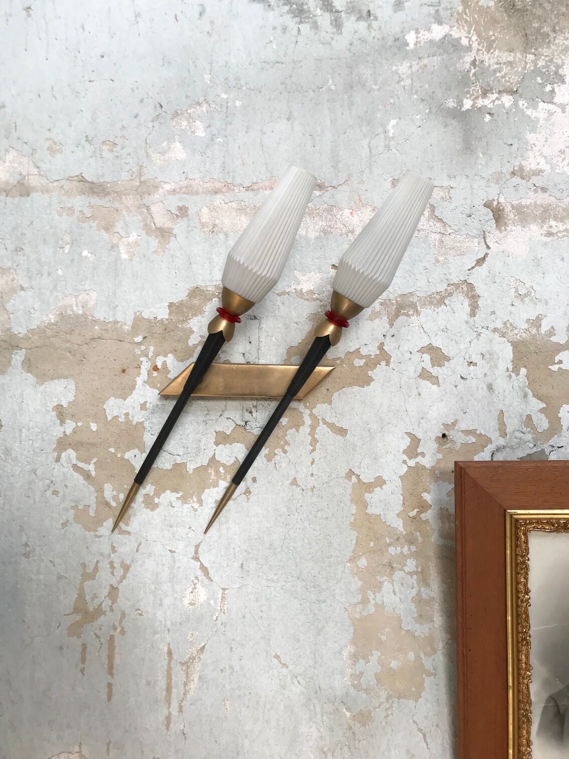 Pair of vintage metal and brass sconces