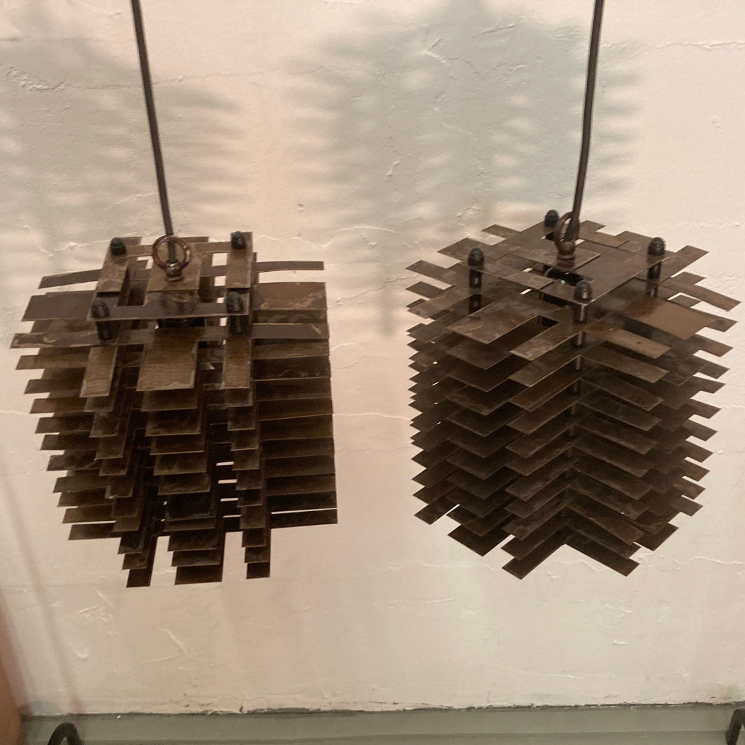 Pair modernist brutalist copper metal architectural hanging lamps, France