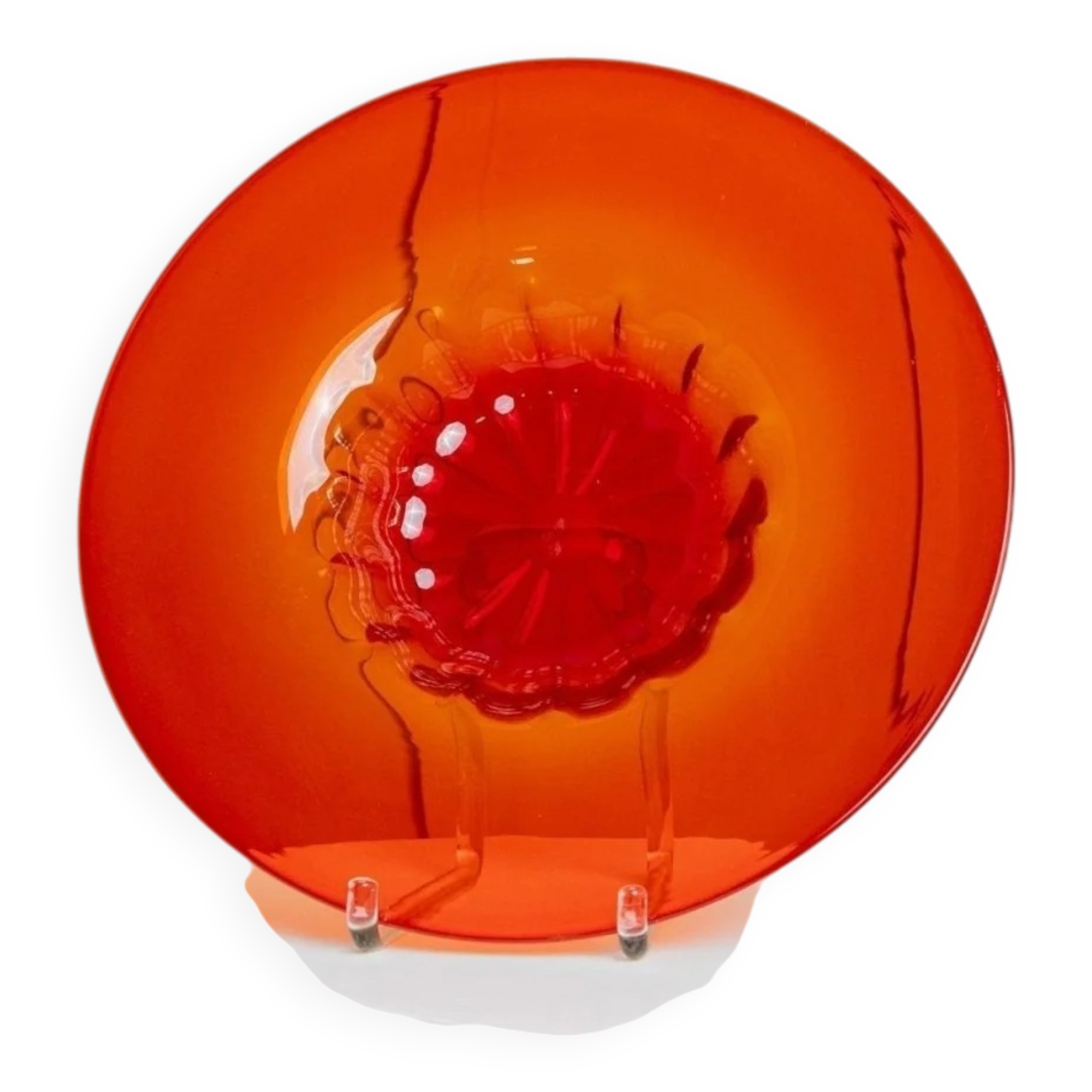 Bol en verre de Murano XL, années 1920, rouge vif avec médaillon central strié, verre décoratif.