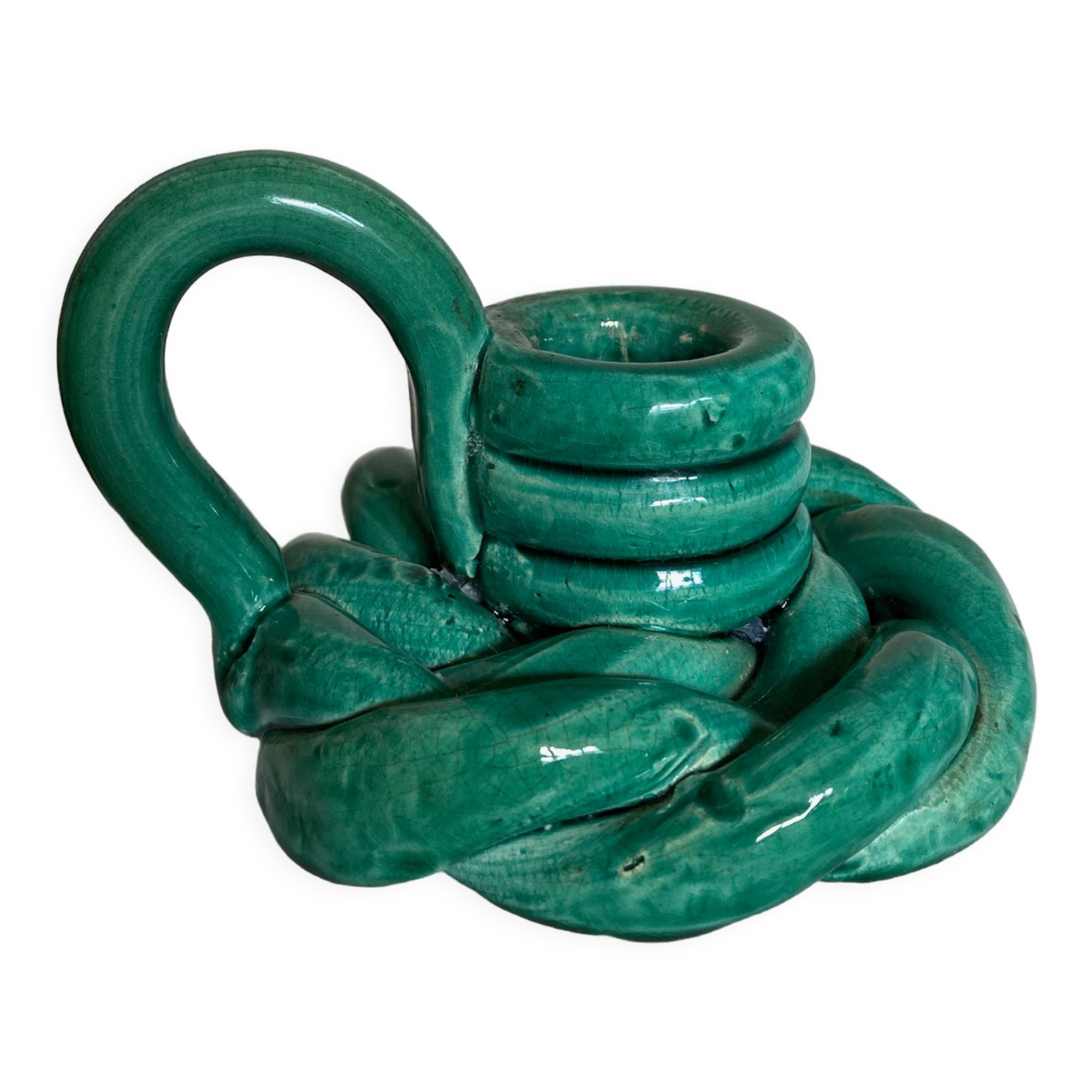 Vallauris 1960 braided ceramic candle holder in turquoise glazed clay
