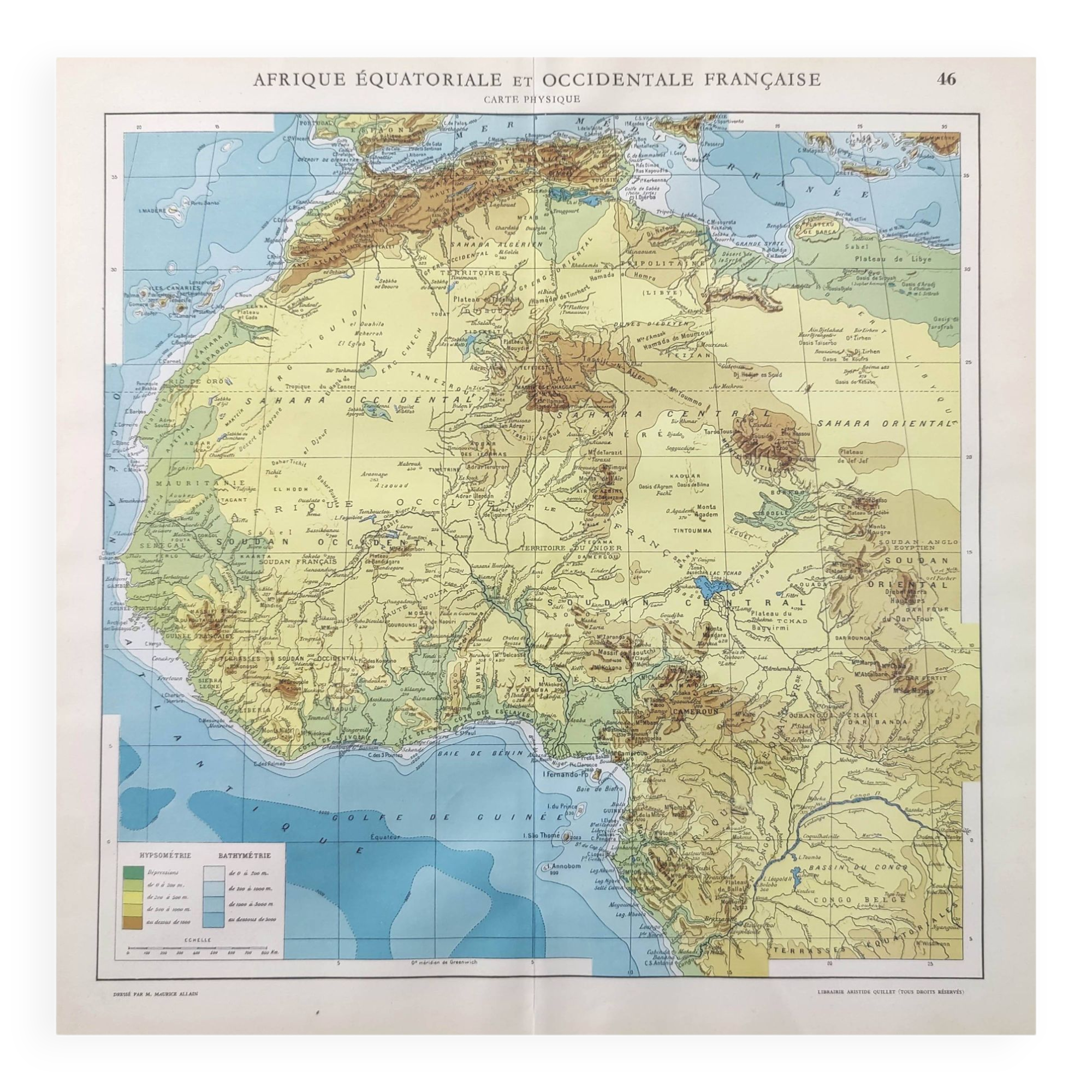 Antique map of French equatorial and western Africa in 1950 43x43cm