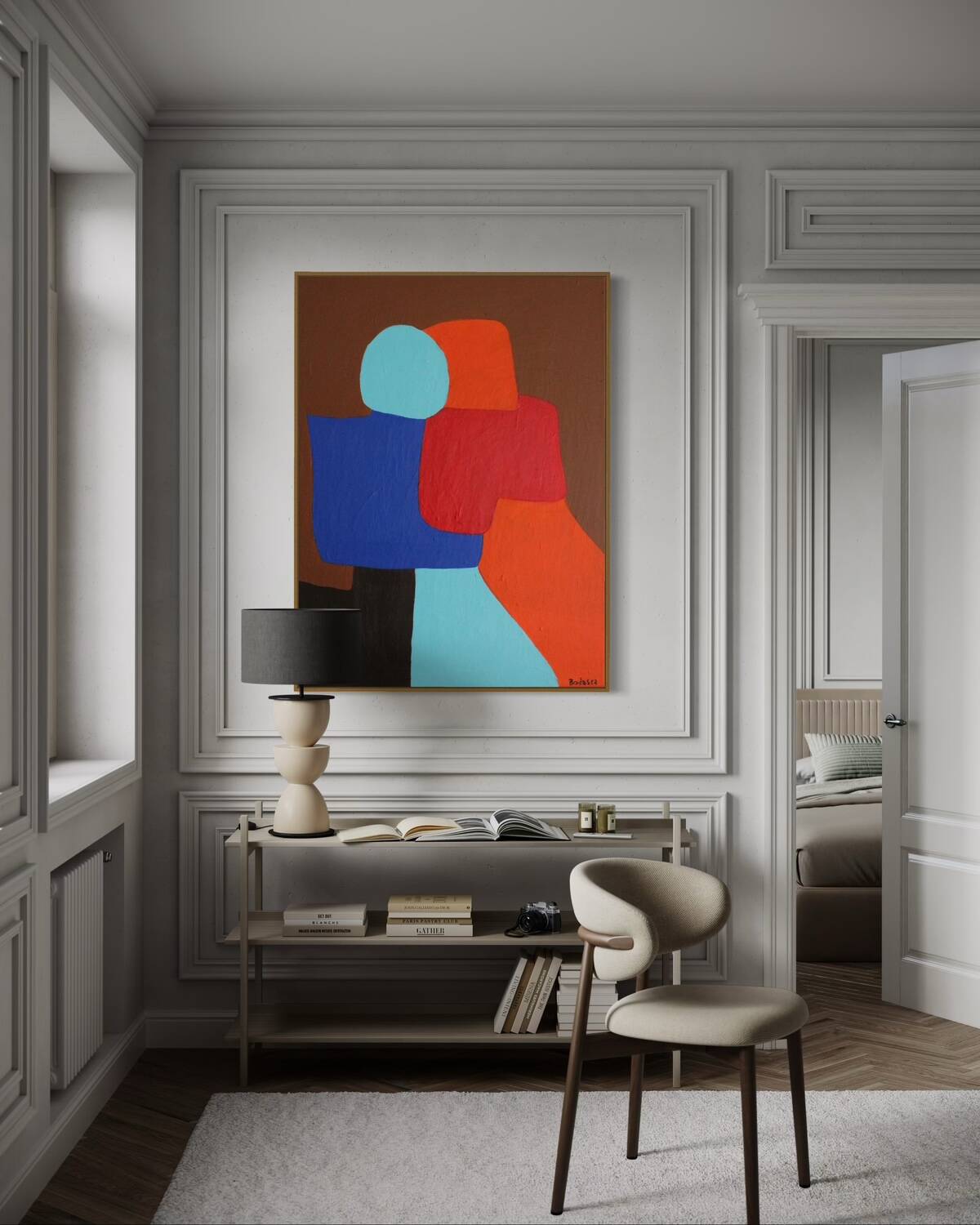 Peinture figurative minimaliste " A hug" 100x81cm