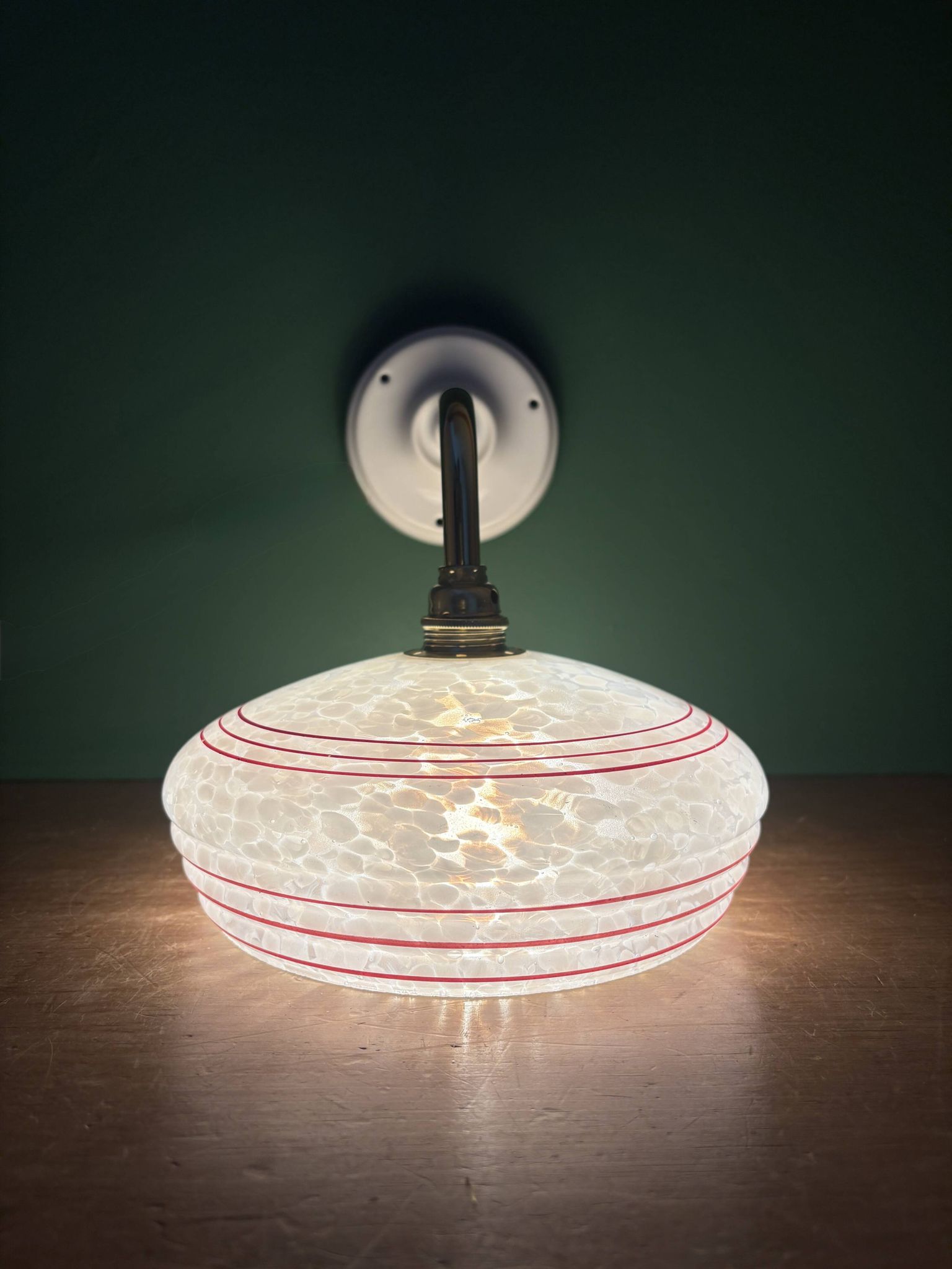 Vintage angled wall lamp with white clichy glass shade and red edging