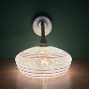 Vintage angled wall lamp with white clichy glass shade and red edging