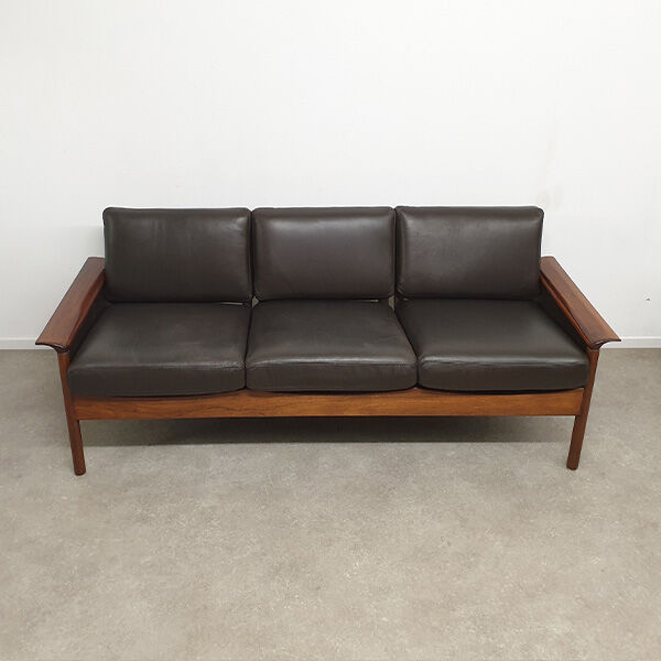 Hans olsen three seater sofa in leather and rosewood