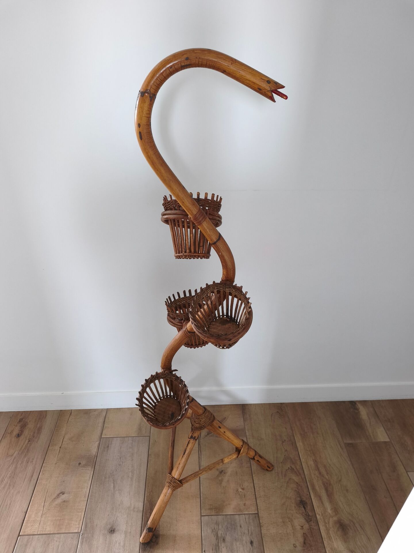 Vintage serpent plant stand in rattan and bamboo - 1960s