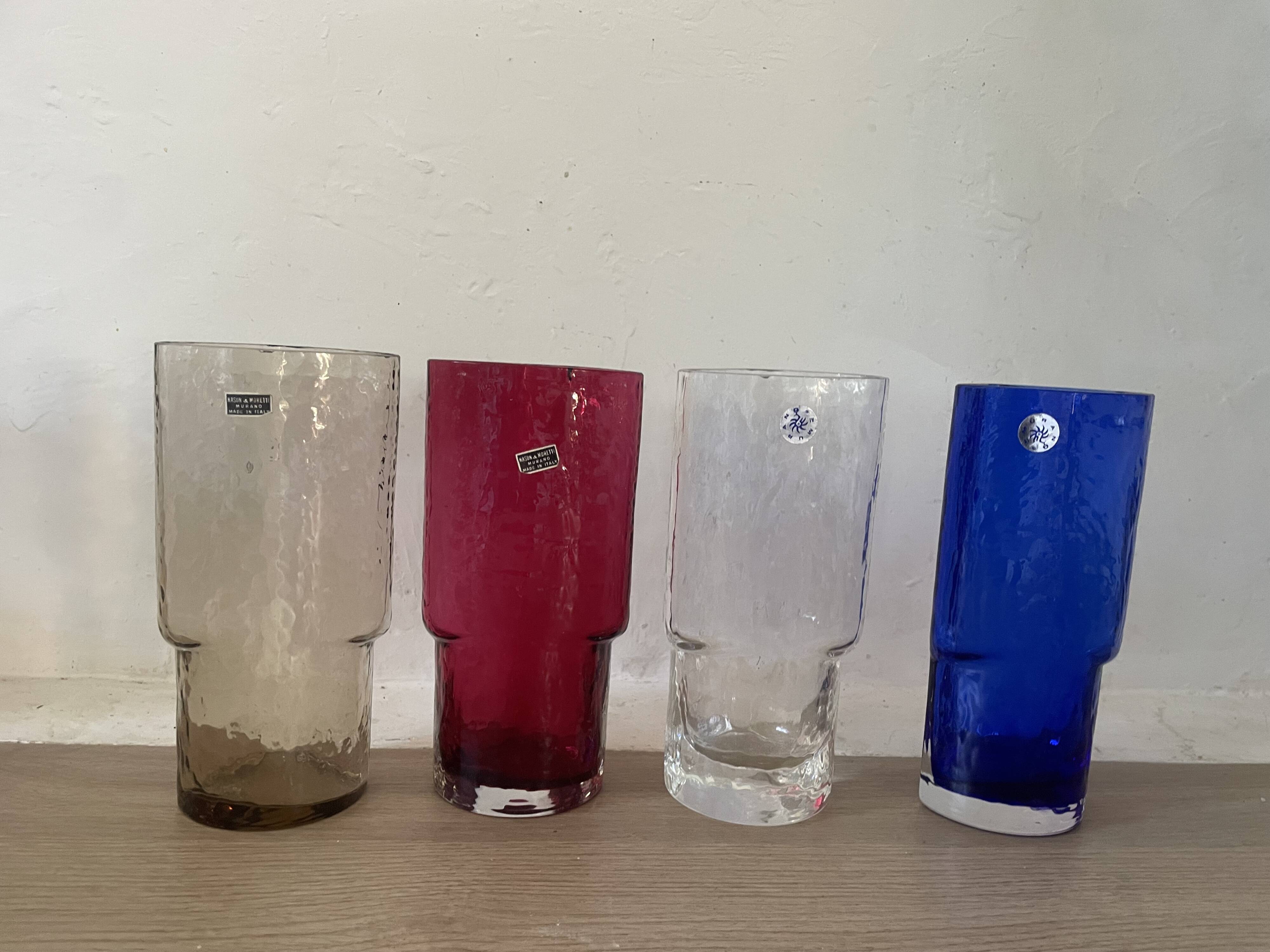 4 vintage coloured long drink glasses in Murano glass by Nason Moretti,