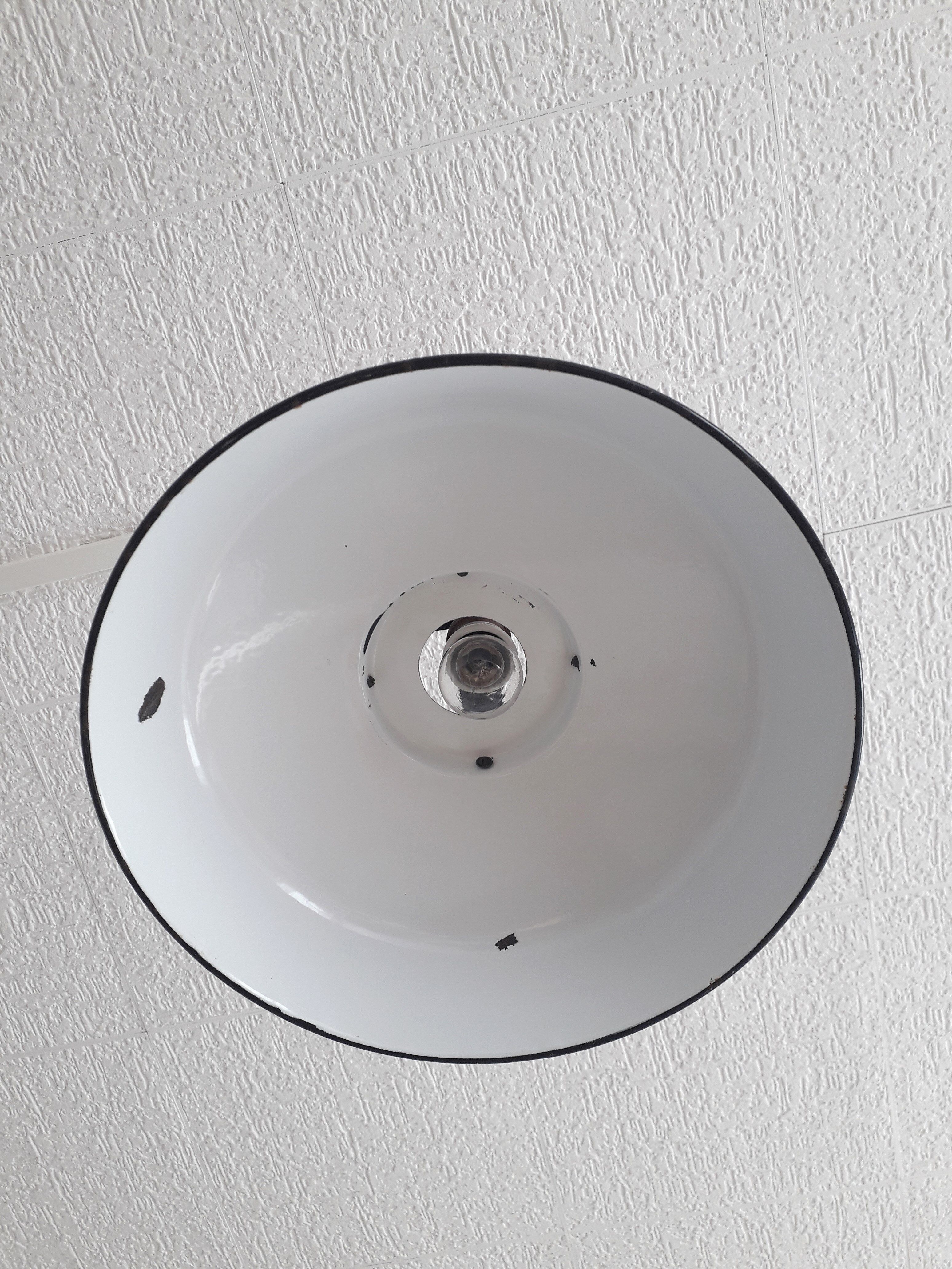 Industrial hanging lamp in black and white enamelled sheet 1950