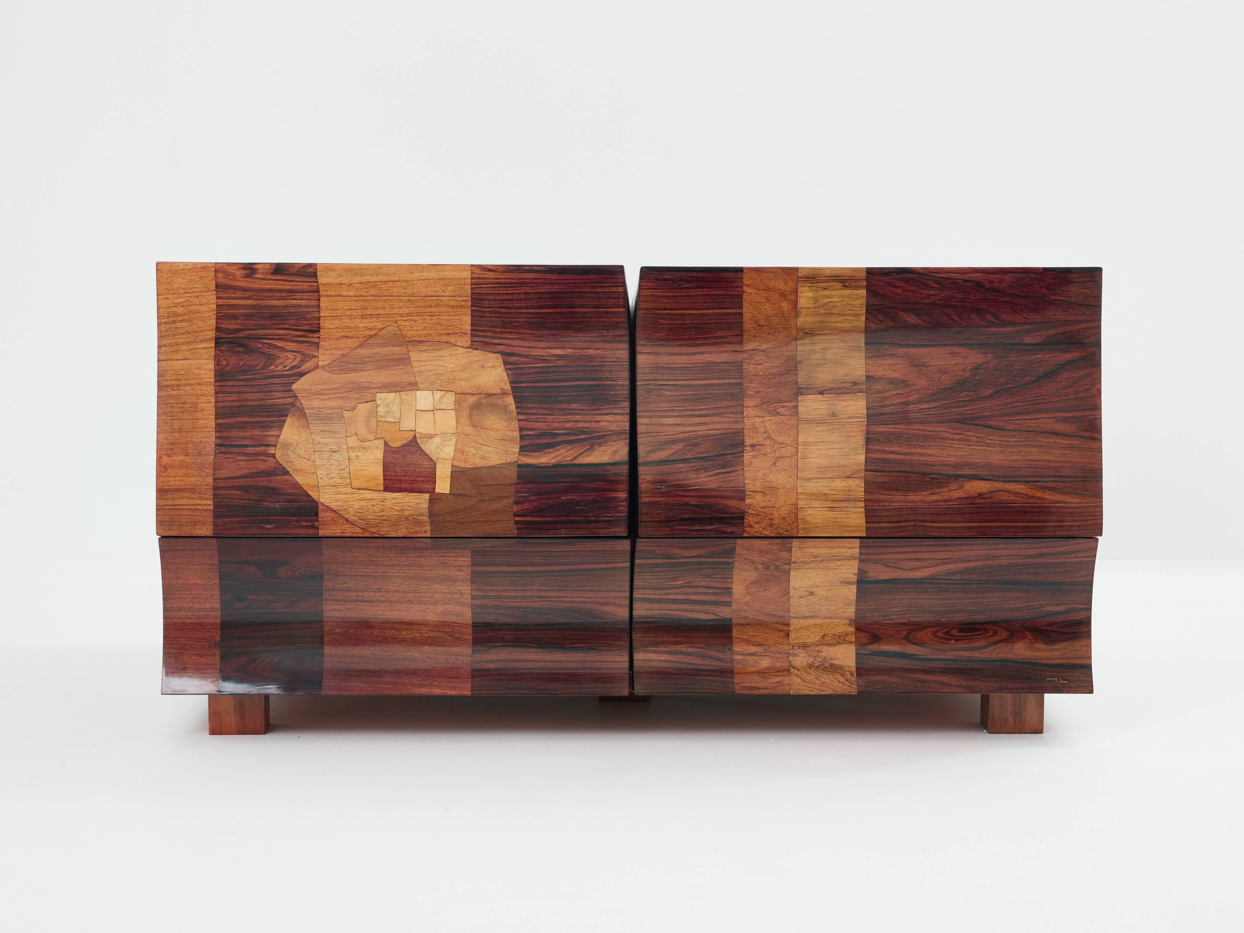 Bar chest in wood and brass marquetry signed Michel Lefèvre 1960