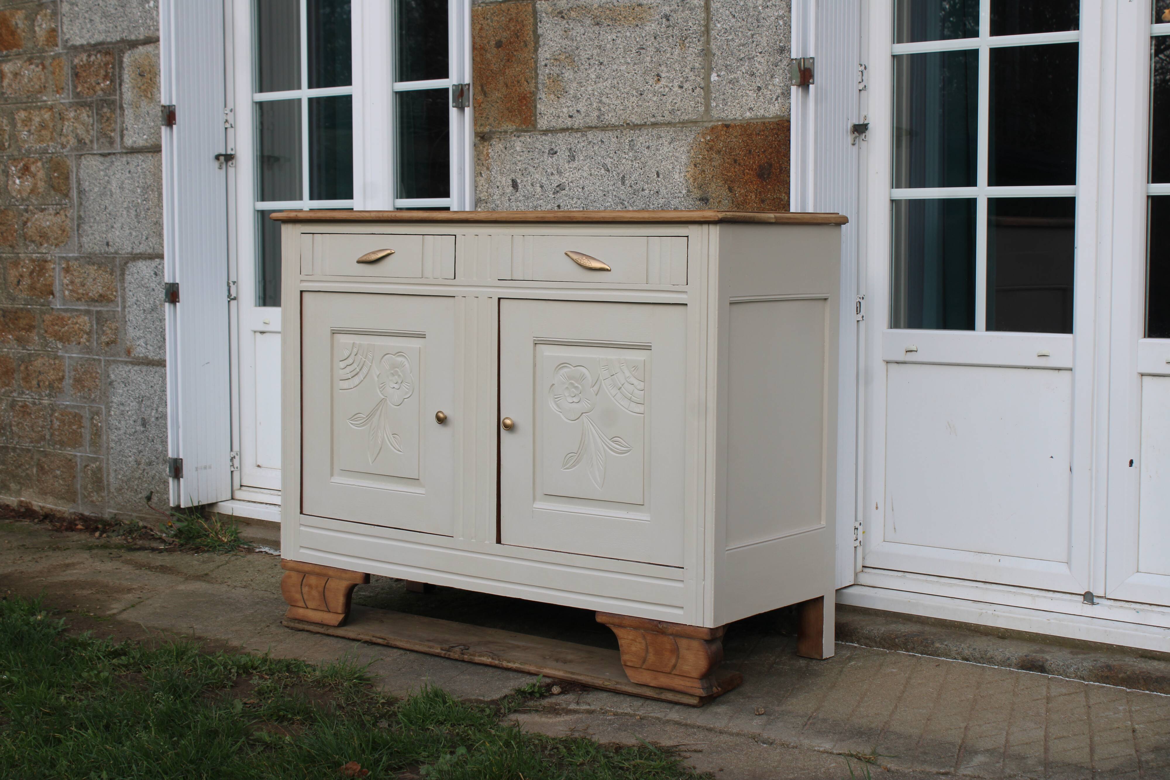 Buffet art déco rénové - Beige Glaise Ripolin - H100 x L133 x P52 cm