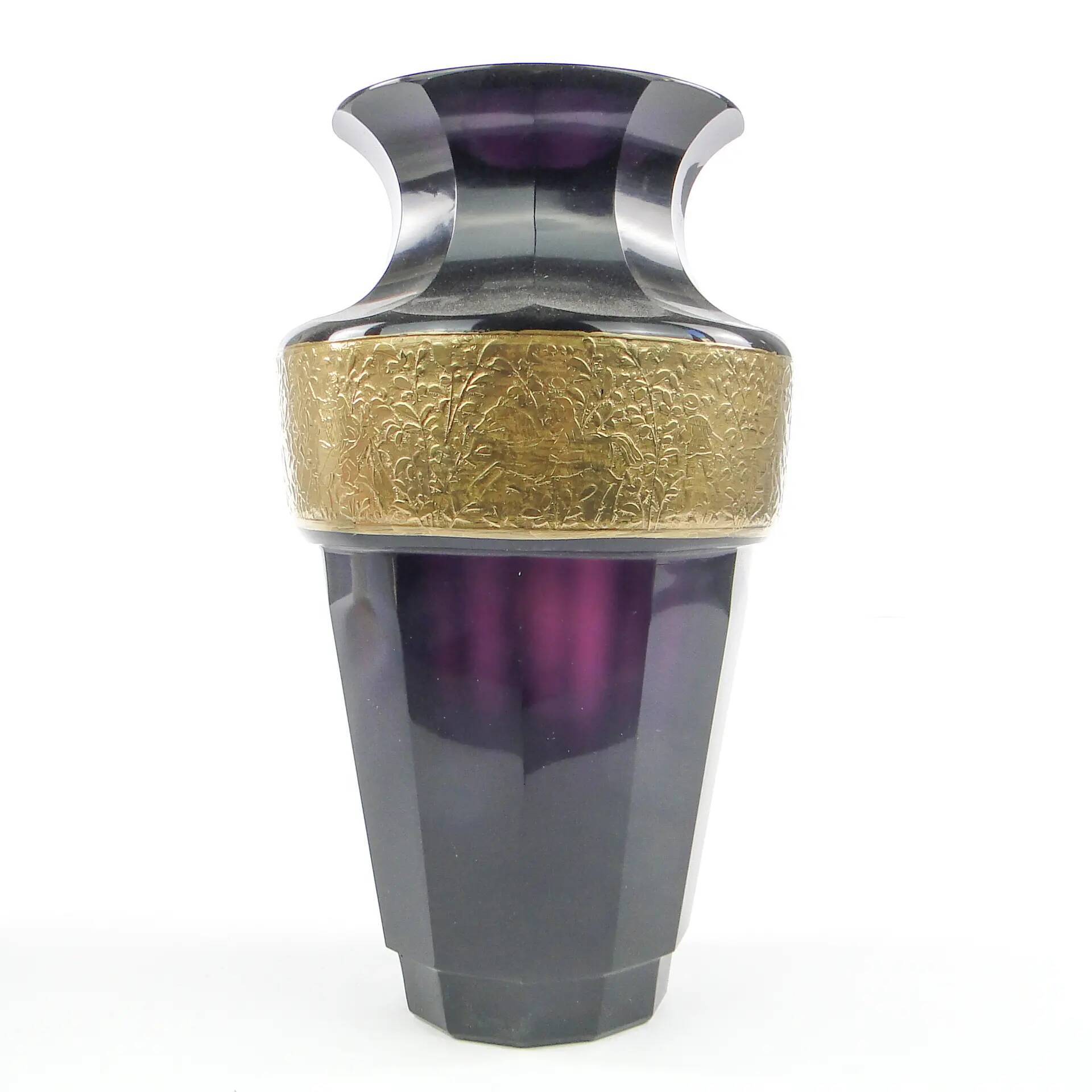 Art Deco vase, manganese glass, oroplastic, Czechoslovakia, 1930s