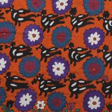 1970s folk art suzani with mythological birds, animal red uzbekistan wall decor